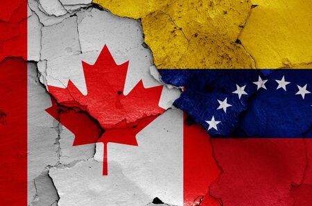 flags of Canada and Venezuela painted on cracked wallの写真素材