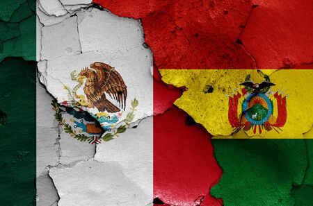 flags of Mexico and Bolivia painted on cracked wallの写真素材