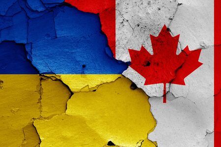 flags of Ukraine and Canada painted on cracked wallの写真素材