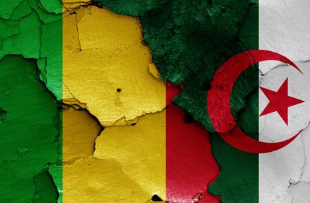 flags of Mali and Algeria painted on cracked wallの写真素材