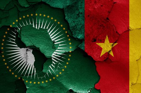 flags of African Union and Cameroon painted on cracked wallの写真素材