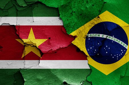 flags of Suriname and Brazil painted on cracked wallの写真素材