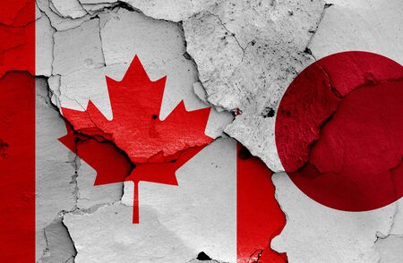 flags of Canada and Japan painted on cracked wallの写真素材