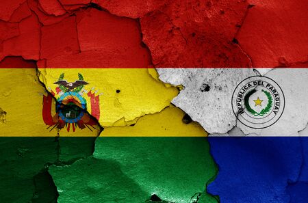 flags of Bolivia and Paraguay painted on cracked wallの写真素材