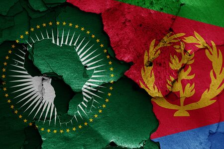 flags of African Union and Eritrea painted on cracked wallの写真素材