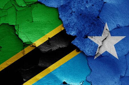flags of Tanzania and Somalia painted on cracked wallの写真素材