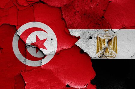 flags of Tunisia and Egypt painted on cracked wallの写真素材