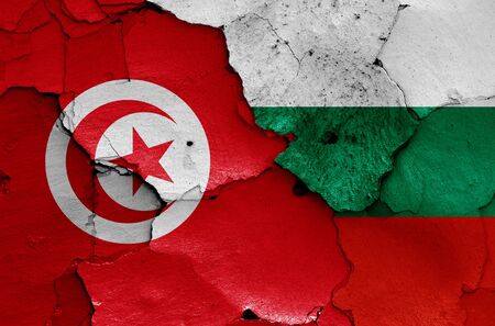 flags of Tunisia and Bulgaria painted on cracked wallの写真素材