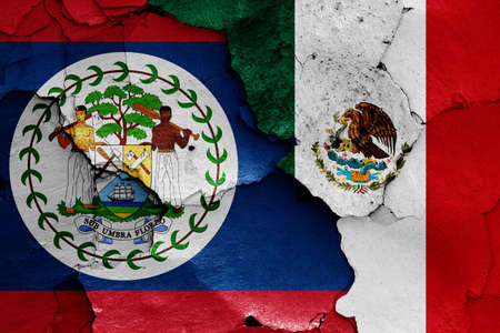 flags of Belize and Mexico painted on cracked wallの写真素材
