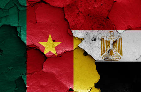 flags of Cameroon and Egypt painted on cracked wallの写真素材
