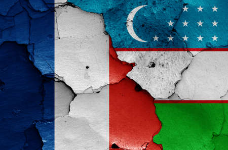 flags of France and Uzbekistan painted on cracked wallの写真素材