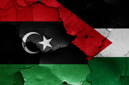 flags of Libya and Palestine painted on cracked wallの写真素材