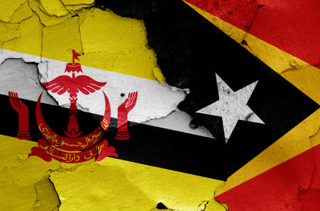flags of Brunei and East Timor painted on cracked wallの写真素材