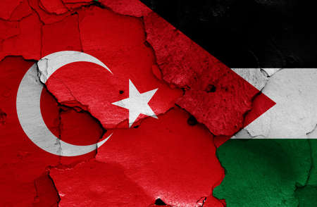 flags of Turkey and Palestine painted on cracked wallの写真素材