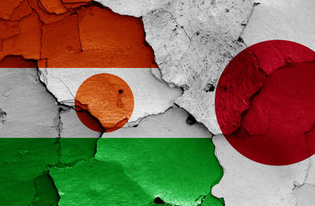 flags of Niger and Japan painted on cracked wallの写真素材