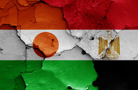 flags of Niger and Egypt painted on cracked wallの写真素材