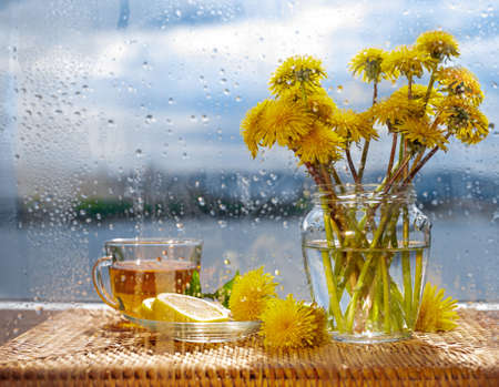 Floral still life summer rain and dandelionsの写真素材