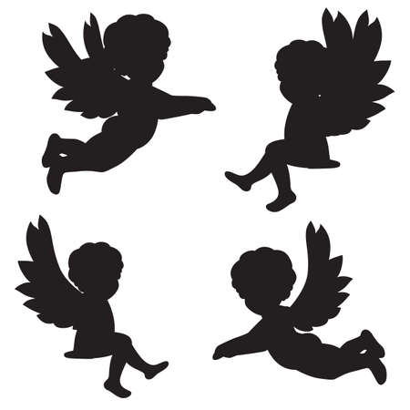 set of vector silhouettes of angelsのイラスト素材