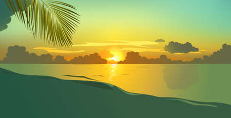 Evening beach with palm leafのイラスト素材