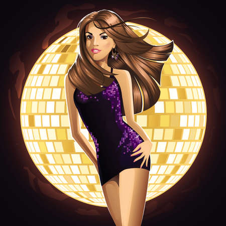 Glamour party background with sexy dancing woman. Vector illustration.のイラスト素材