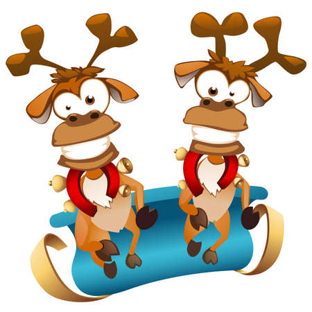 Cartoon Christmas deers with sledge. Vector illustration.のイラスト素材