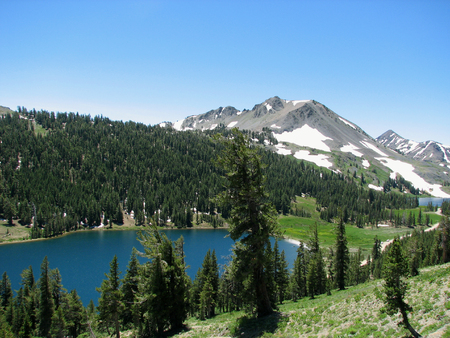 This is a view of two lakes from the side of a mountain in the Sierra Nevadas.の写真素材