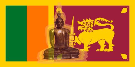 The flag of Sri Lanka overlaid with a Sinhalese Buddha image.の写真素材