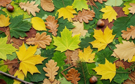 Autumn leaves and acorns on a wooden background. Top view.の素材