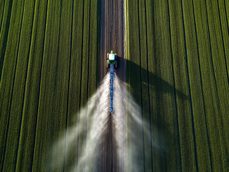 Aerial view of the tractor spraying the chemicals on the large fieldの素材
