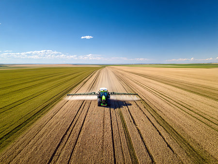 Aerial view of the tractor working on the large wheat field.の素材