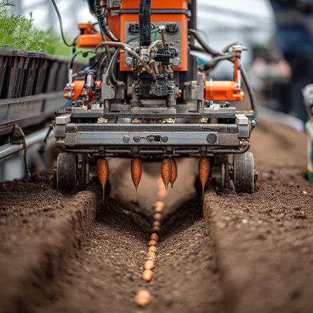 Close-up of a tractor plowing the soil in the gardenの素材