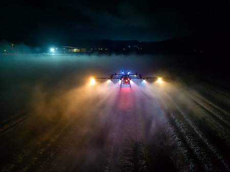 Aerial view of drone spraying water on agricultural field at night.の素材