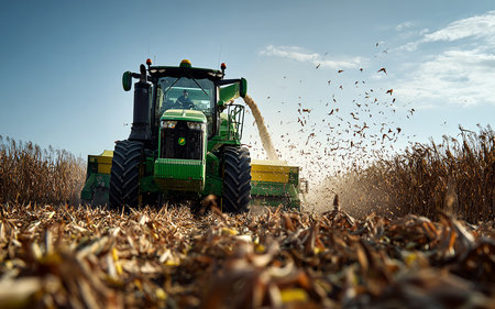 Harvesting of corn with a combine harvester in autumnの素材