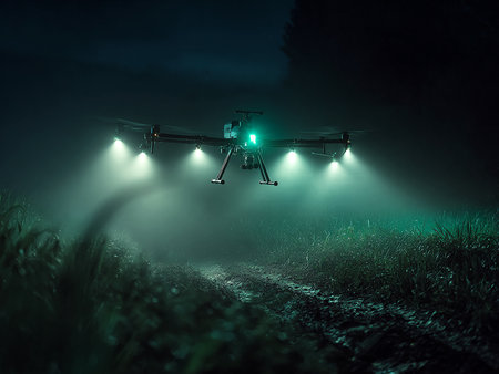 Drone with digital camera flying in foggy forest at night. 3D renderingの素材
