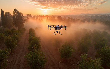 Drone flying over the foggy field at sunrise. Drone flying in the sky.の素材
