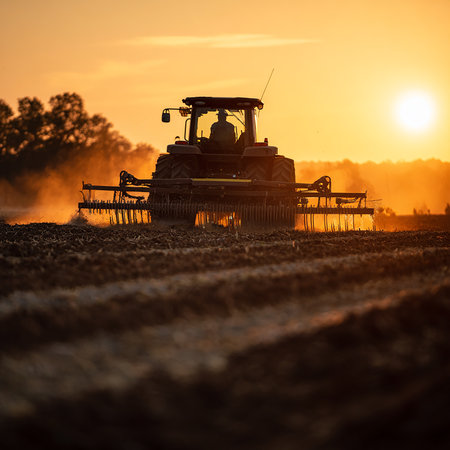 Combine harvester working on a wheat field at sunset.の素材
