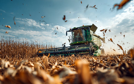 Combine harvester working on a corn field in autumn.の素材