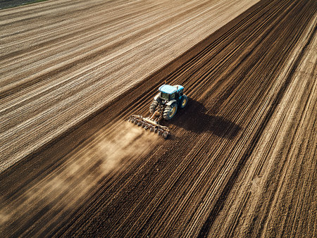 Aerial view of tractor preparing land with seedbed cultivator.の素材