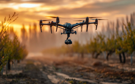Drone quadcopter with digital camera flying over vineyards at sunsetの素材