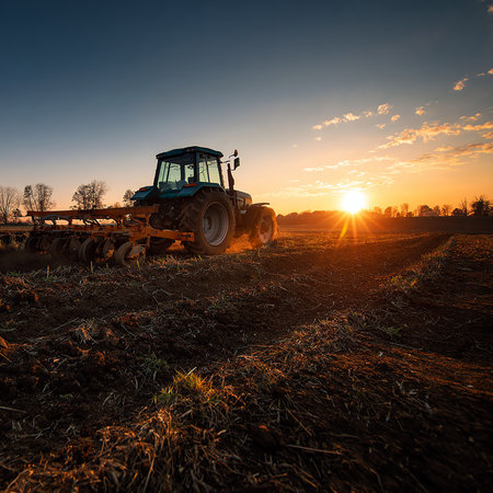 Tractor preparing land with seedbed cultivator at sunset. Tractor preparing land for sowing.の素材