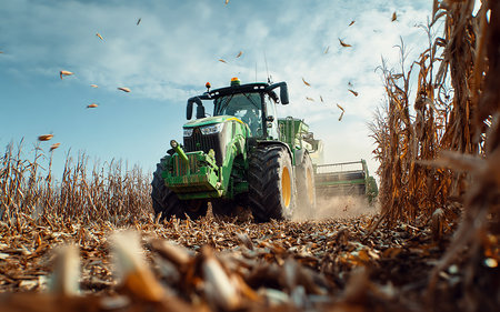 Harvesting of corn by combine harvester in corn fieldの素材