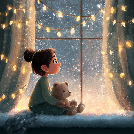 Little girl sitting on window sill with teddy bear and fairy lightsの素材