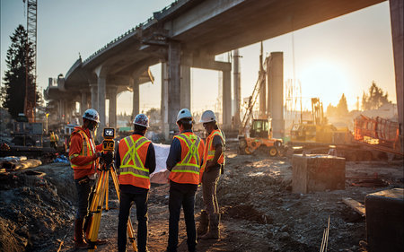 Surveyor or engineer on construction site working with theodolite at sunsetの素材