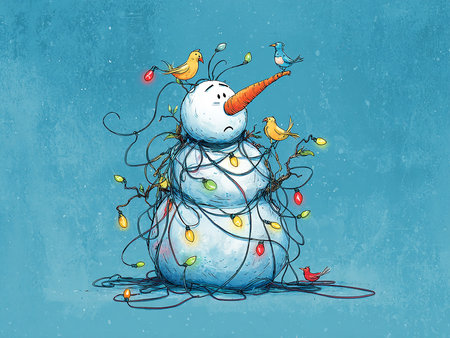 Illustration of a snowman with a garland on his head.の素材