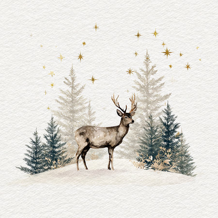Watercolor illustration of a deer in winter forest. Christmas and New Year background.の素材