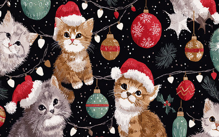 Seamless pattern with cute kittens in Santa Claus hats and garlands.の素材
