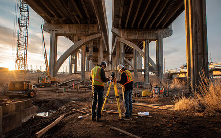 Surveyor and engineer working with theodolite at construction siteの素材