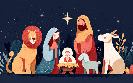 Christmas Nativity Scene with Jesusoseph, Baby Jesus and the Lion.の素材