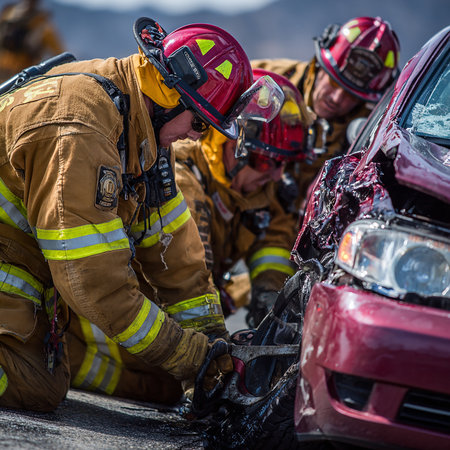 Firefighters fighting a car accident on the road in an emergency situation.の素材