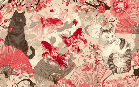 Seamless pattern with goldfish, japanese fan and catの素材